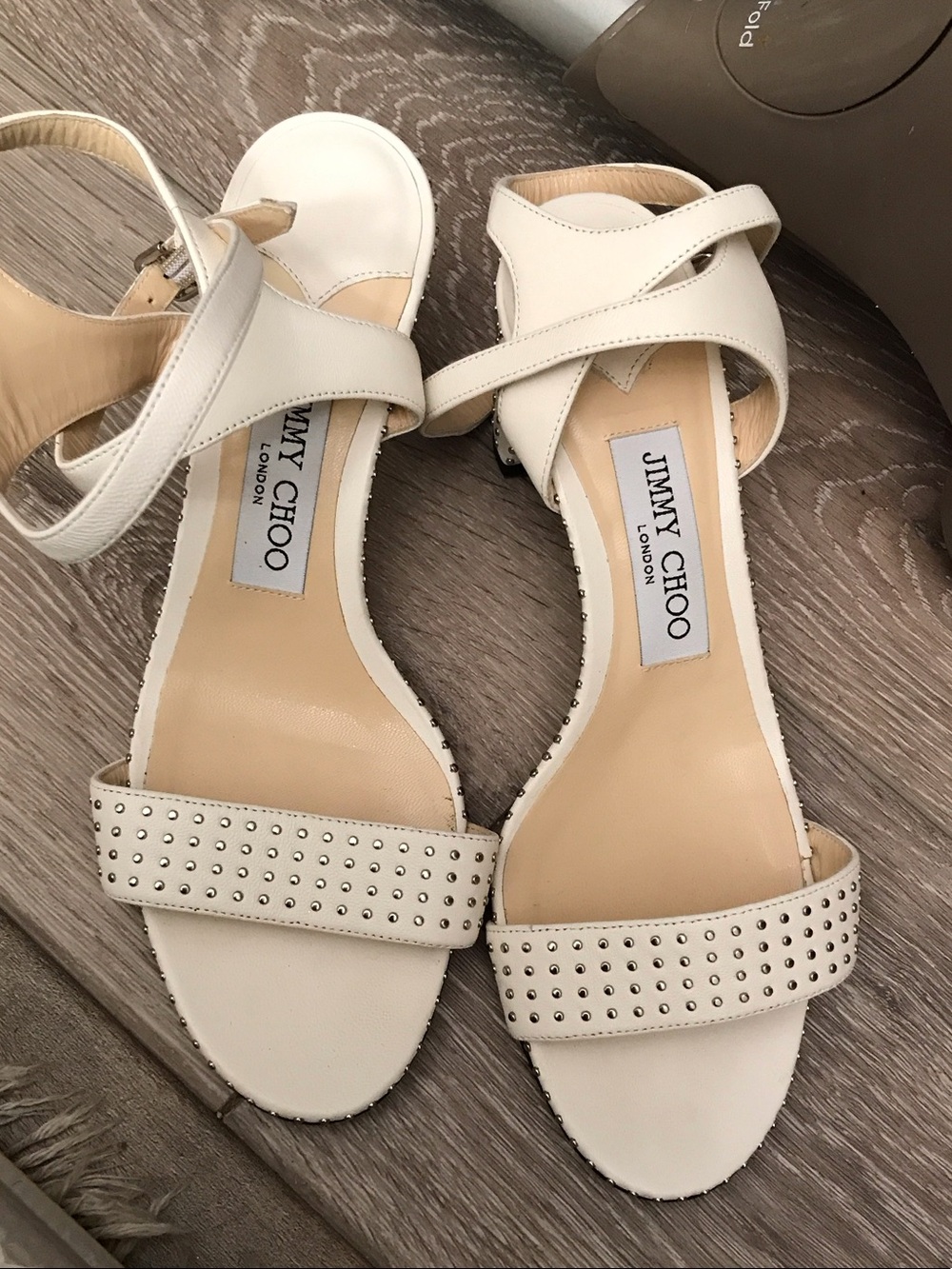 Jimmy Choo Ivory/Off-White Studded Ankle-Strap Sandals